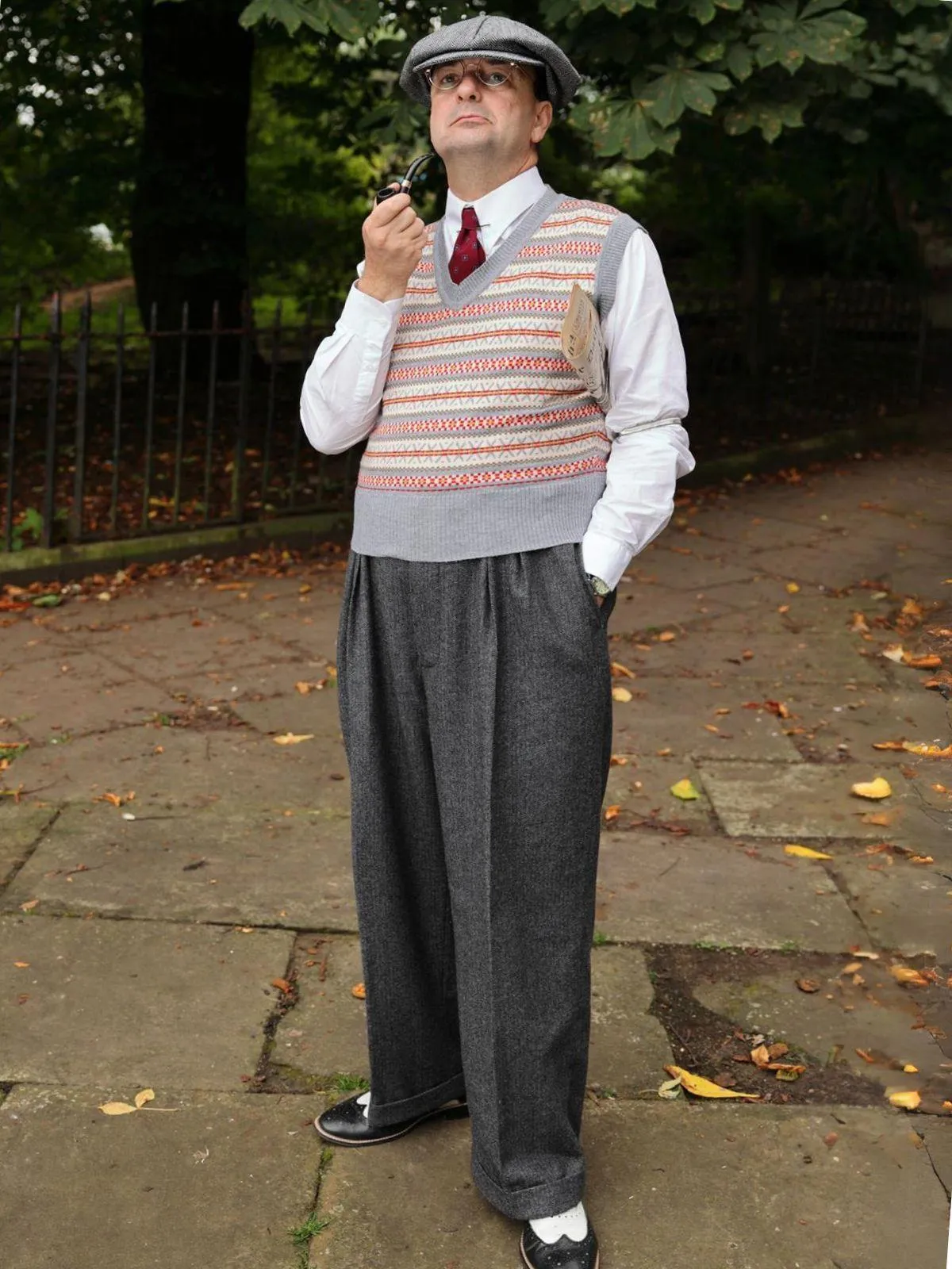 1940s Vintage Granville Herringbone Wool Bag Trousers in Grey