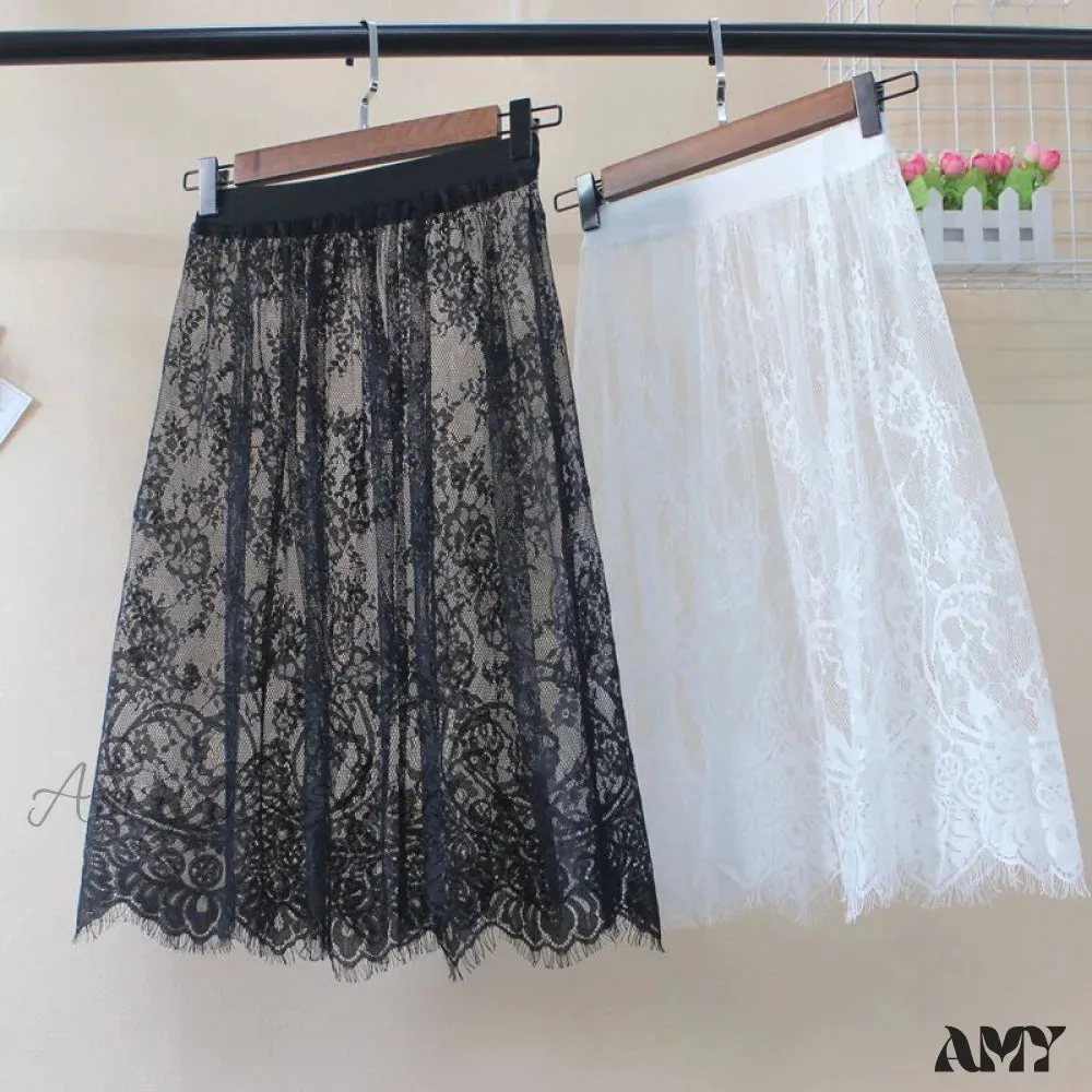 Amy Fashion - Fashion Solid Casual Mesh Lace Skirts