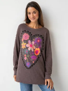 Arden Long Sleeve Cotton Tee Shirt - Espresso Heart