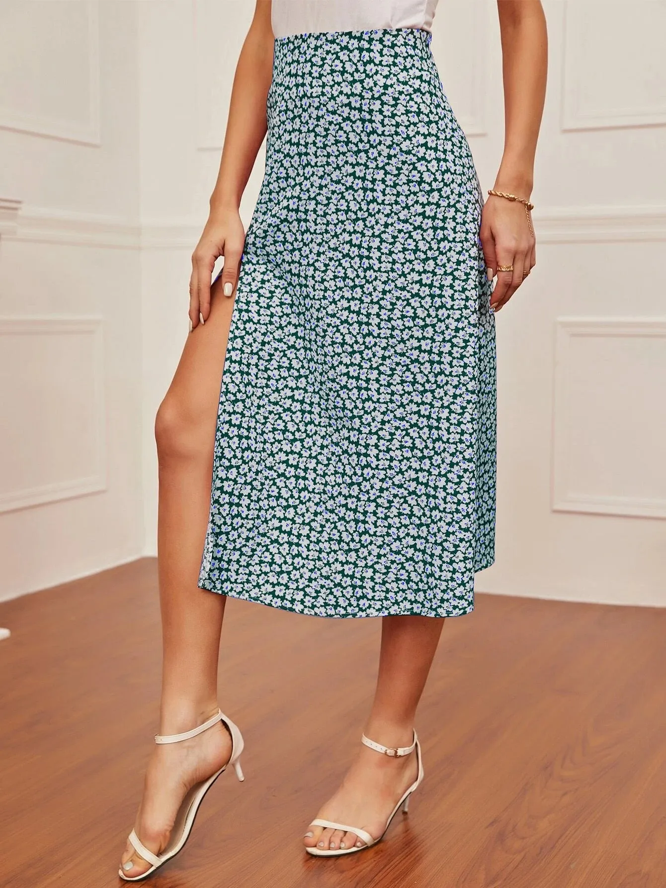 BerriesJam - Elegant A-line Skirt Slit Midi Length High Waist Skirt