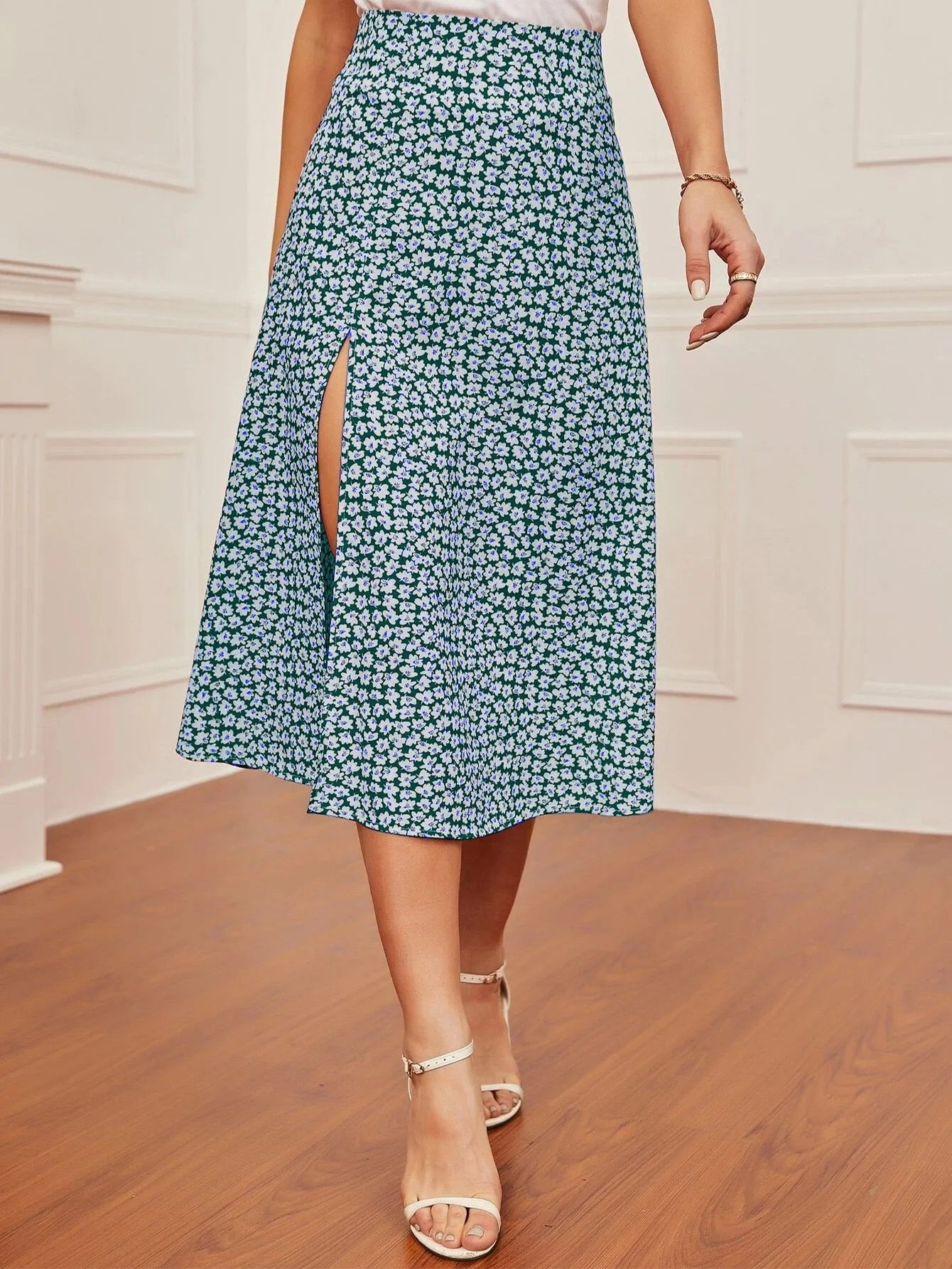 BerriesJam - Elegant A-line Skirt Slit Midi Length High Waist Skirt