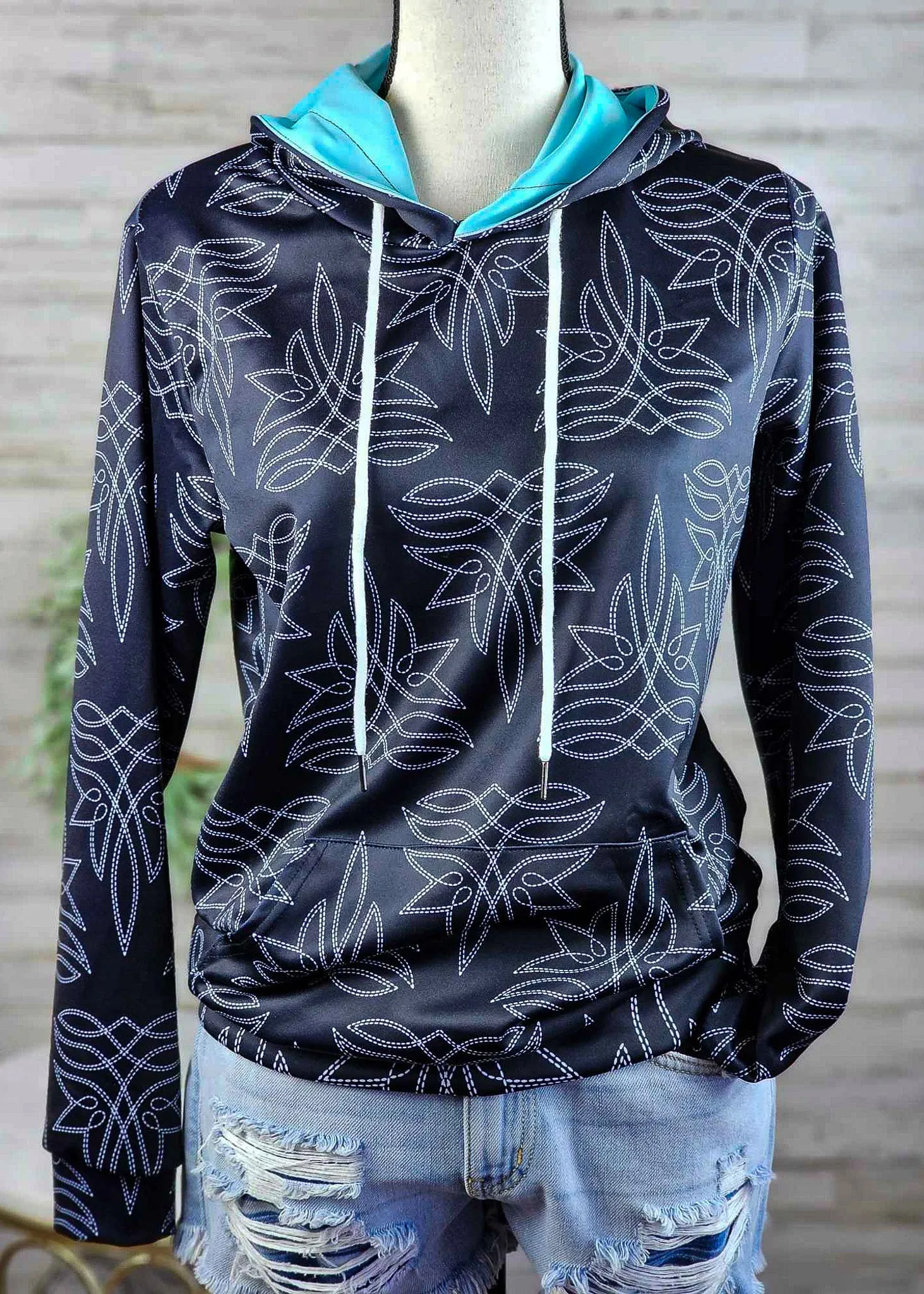 Black & Turquoise Boot Stitch Hoodie