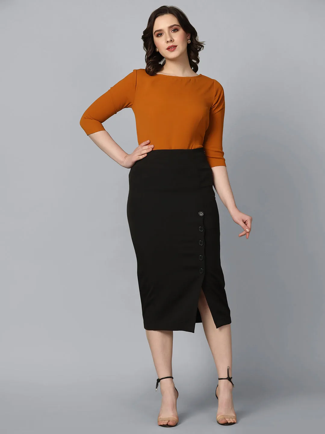 Black Stretch Longline Button Detail Skirt