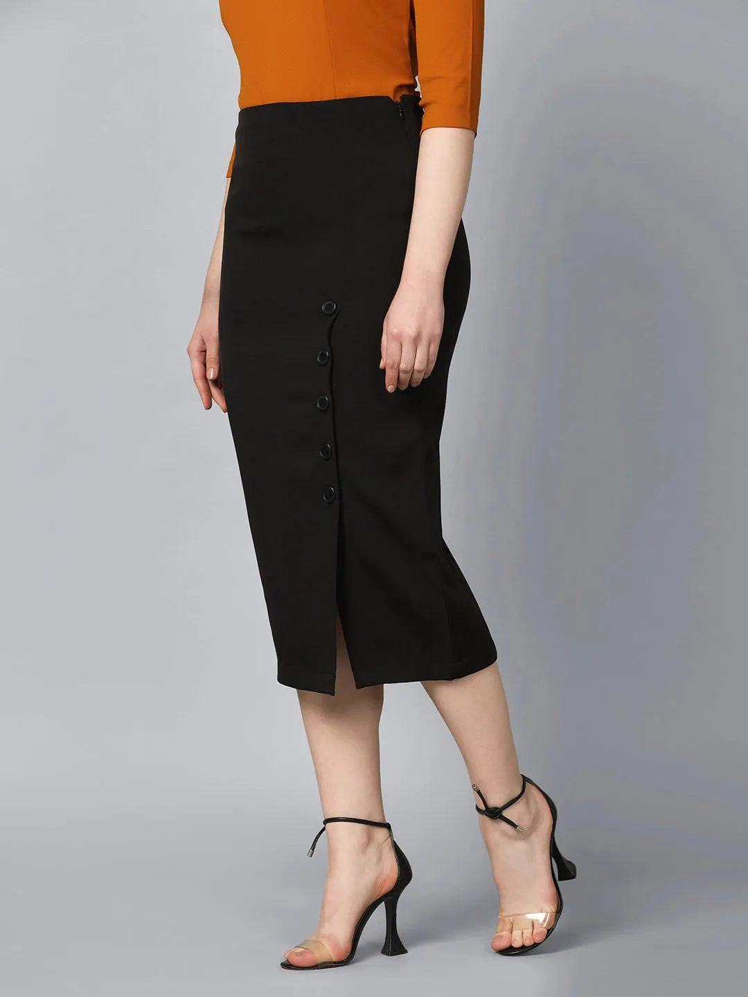 Black Stretch Longline Button Detail Skirt