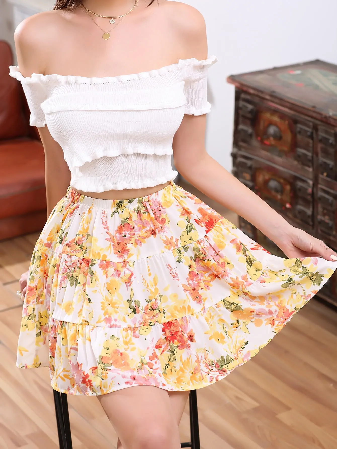 Boho All Over Print Ruffle Hem High Waist Short Women Skirt