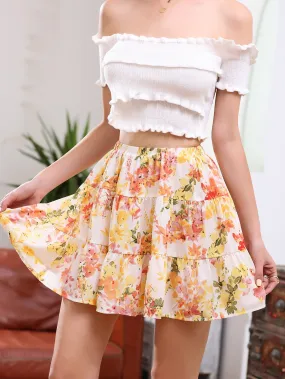 Boho All Over Print Ruffle Hem High Waist Short Women Skirt