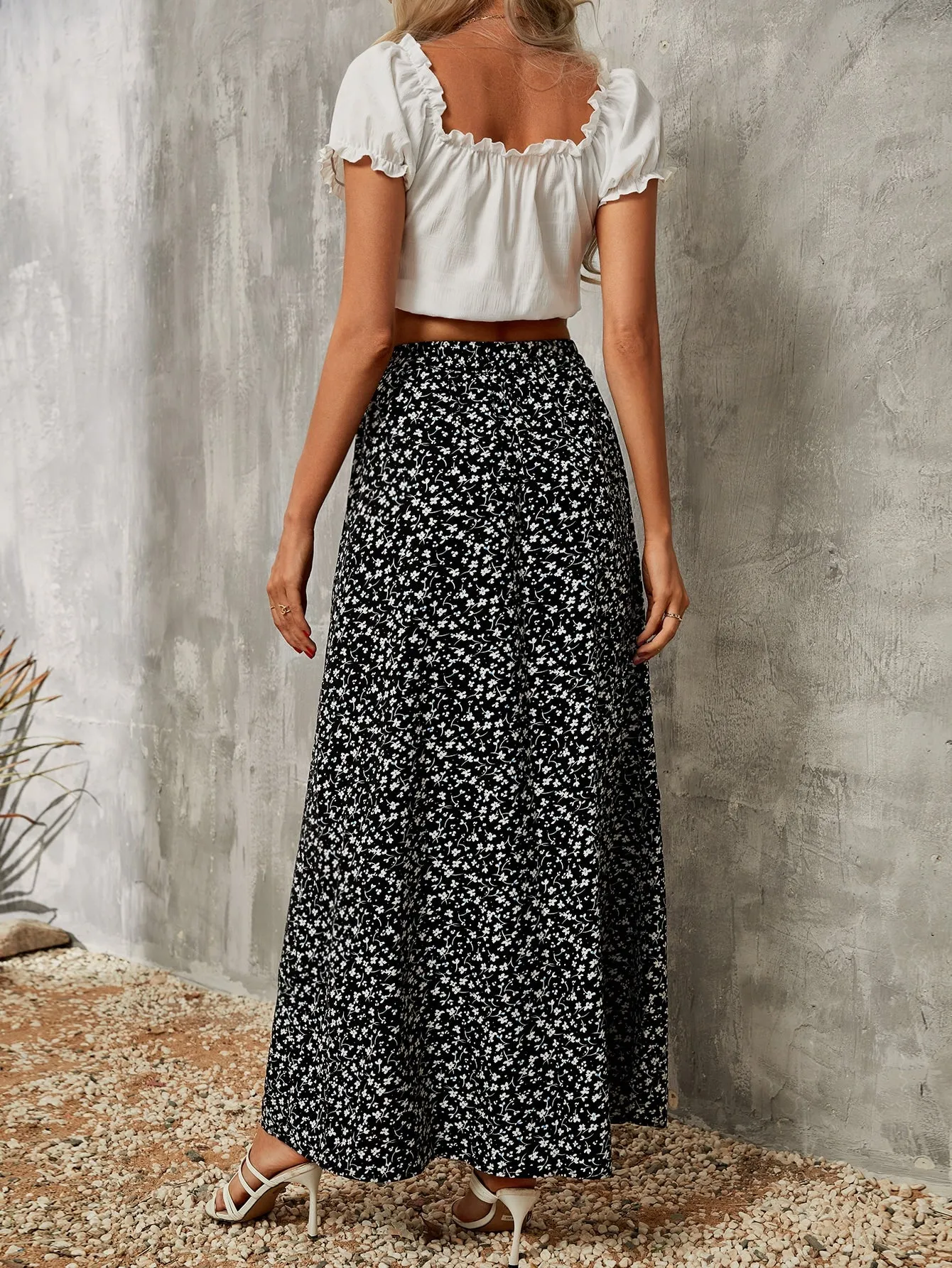 Boho Ditsy Floral Split Thigh High Waist Maxi Women Skirt