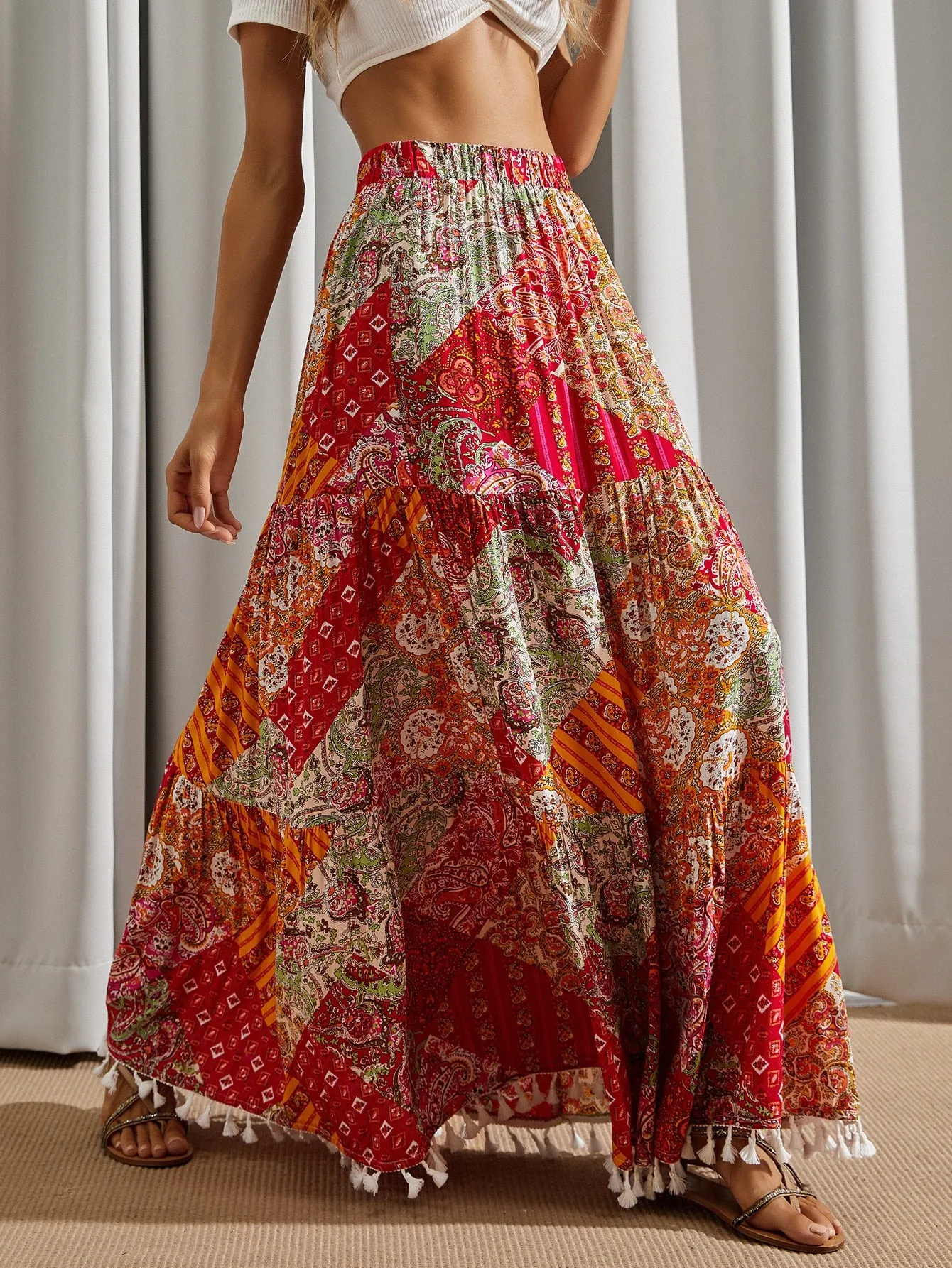 Boho Paisley Ruffle Hem High Waist Maxi Women Skirt