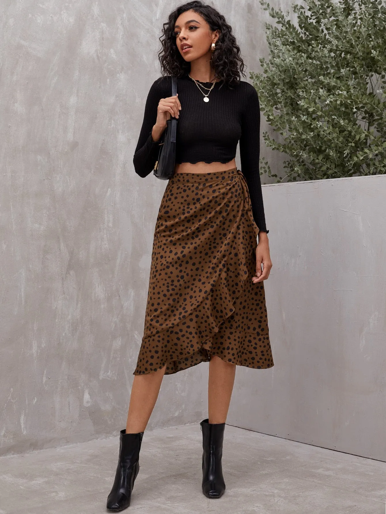 Casual All Over Print Ruffle Hem High Waist Midi Women Skirt