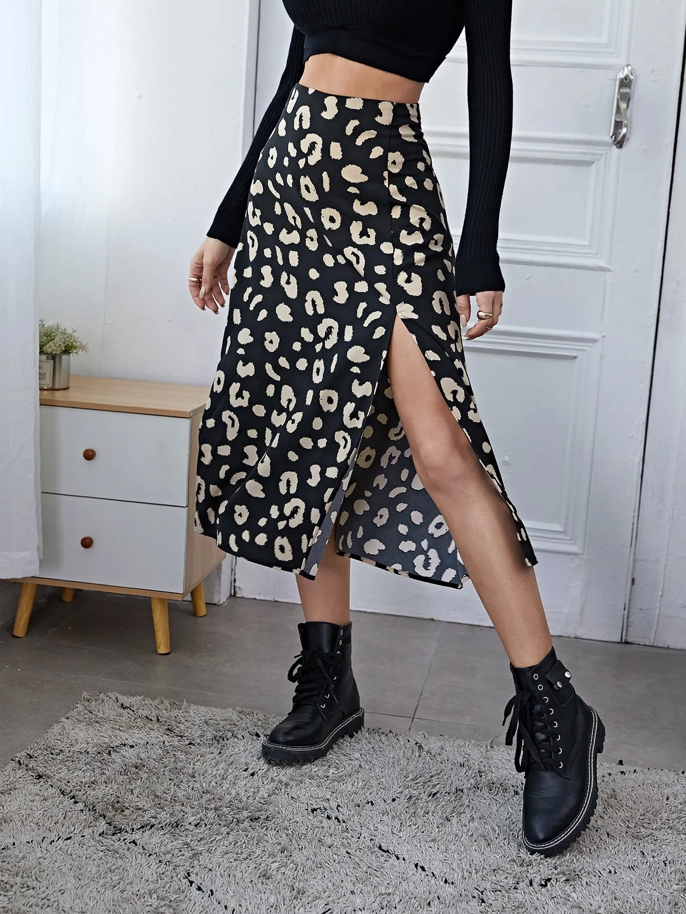 Casual All Over Print Split Thigh High Waist Midi Women Skirt