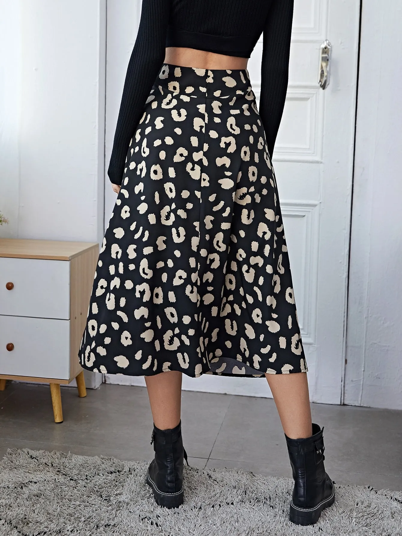 Casual All Over Print Split Thigh High Waist Midi Women Skirt