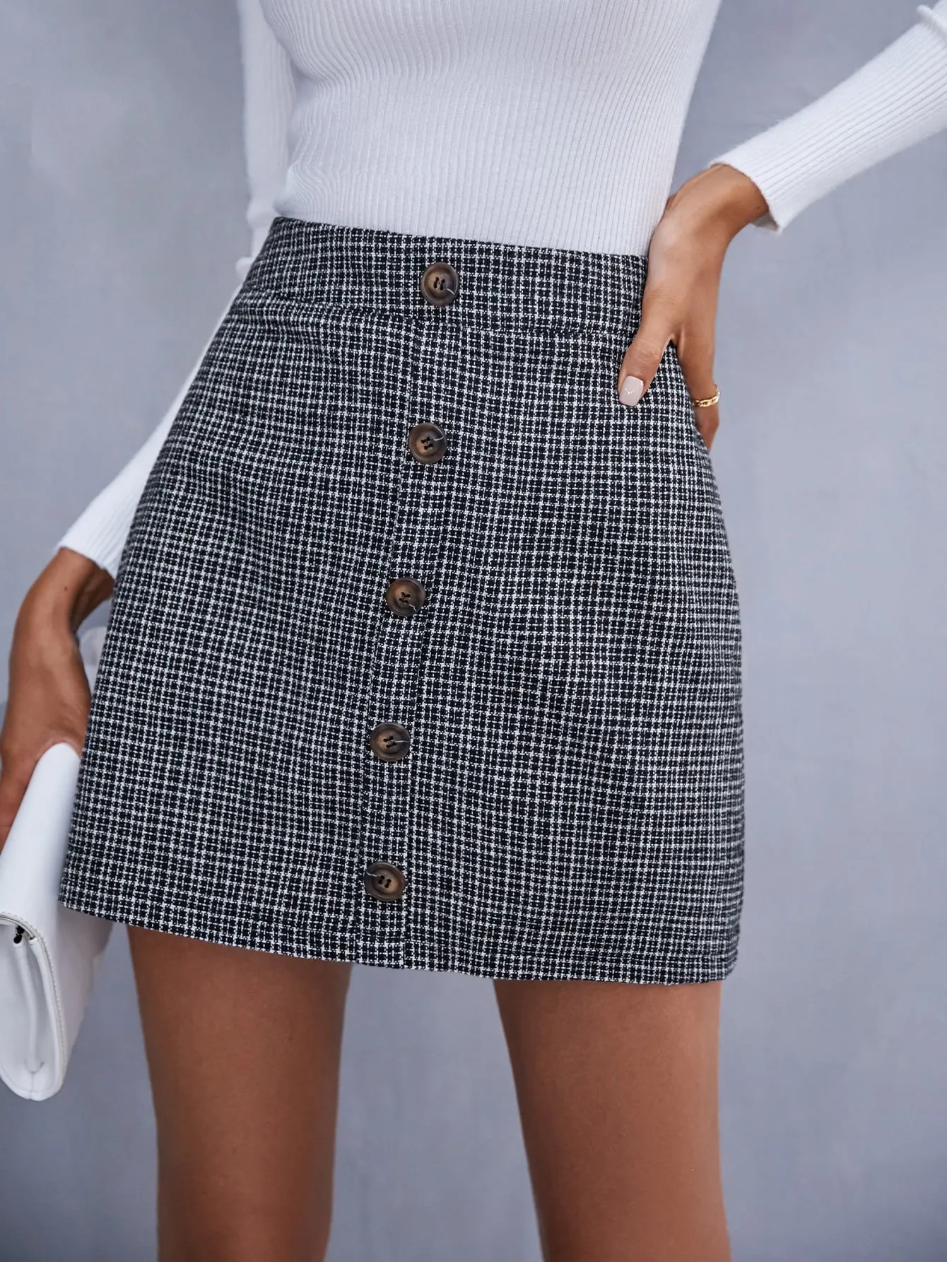 Casual Plaid Double Button High Waist Short Women Skirt