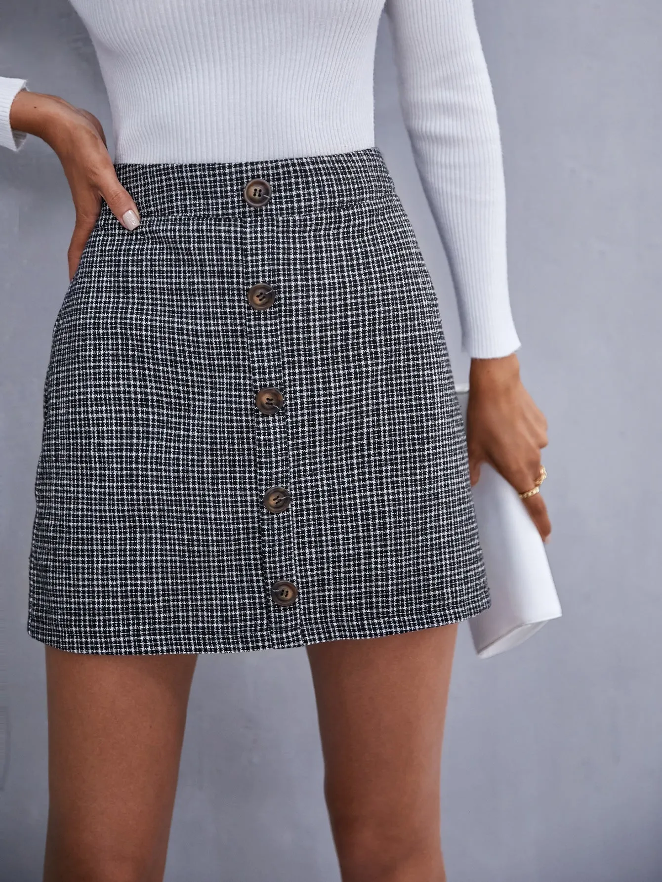 Casual Plaid Double Button High Waist Short Women Skirt