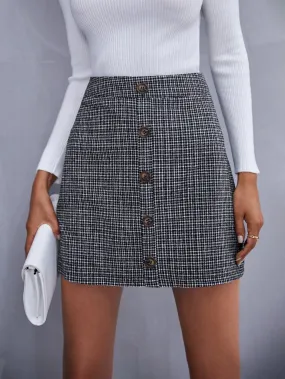 Casual Plaid Double Button High Waist Short Women Skirt