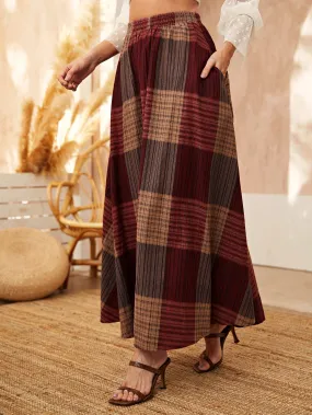 Casual Plaid Pocket High Waist Maxi Women Skirt