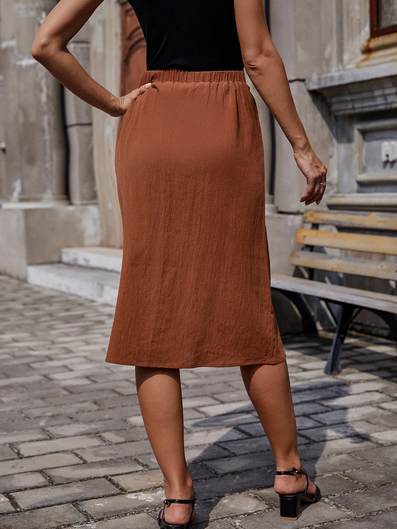 Casual Plain Button Front High Waist Midi Women Skirts