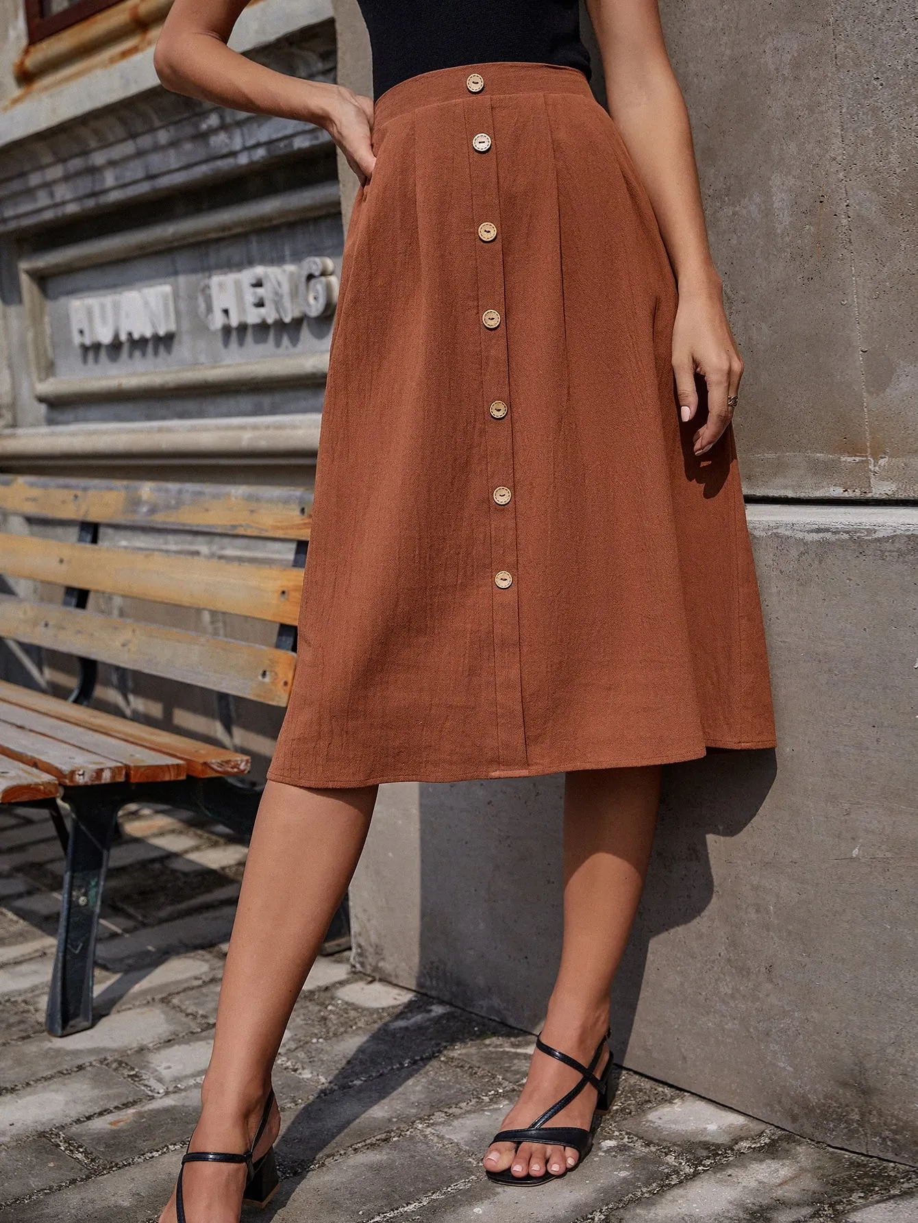 Casual Plain Button Front High Waist Midi Women Skirts