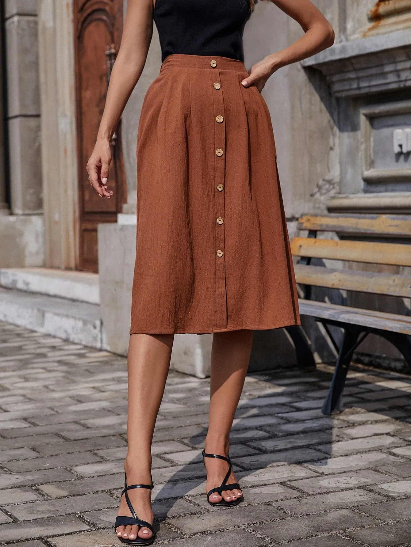 Casual Plain Button Front High Waist Midi Women Skirts