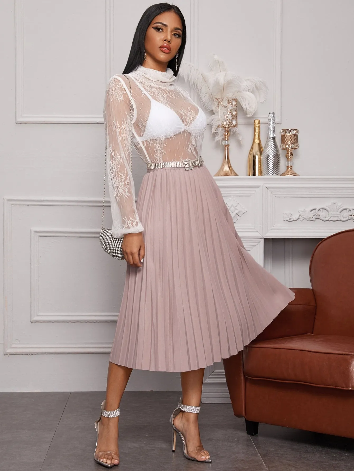 Casual Plain Pleated Natural Midi Women Skirt