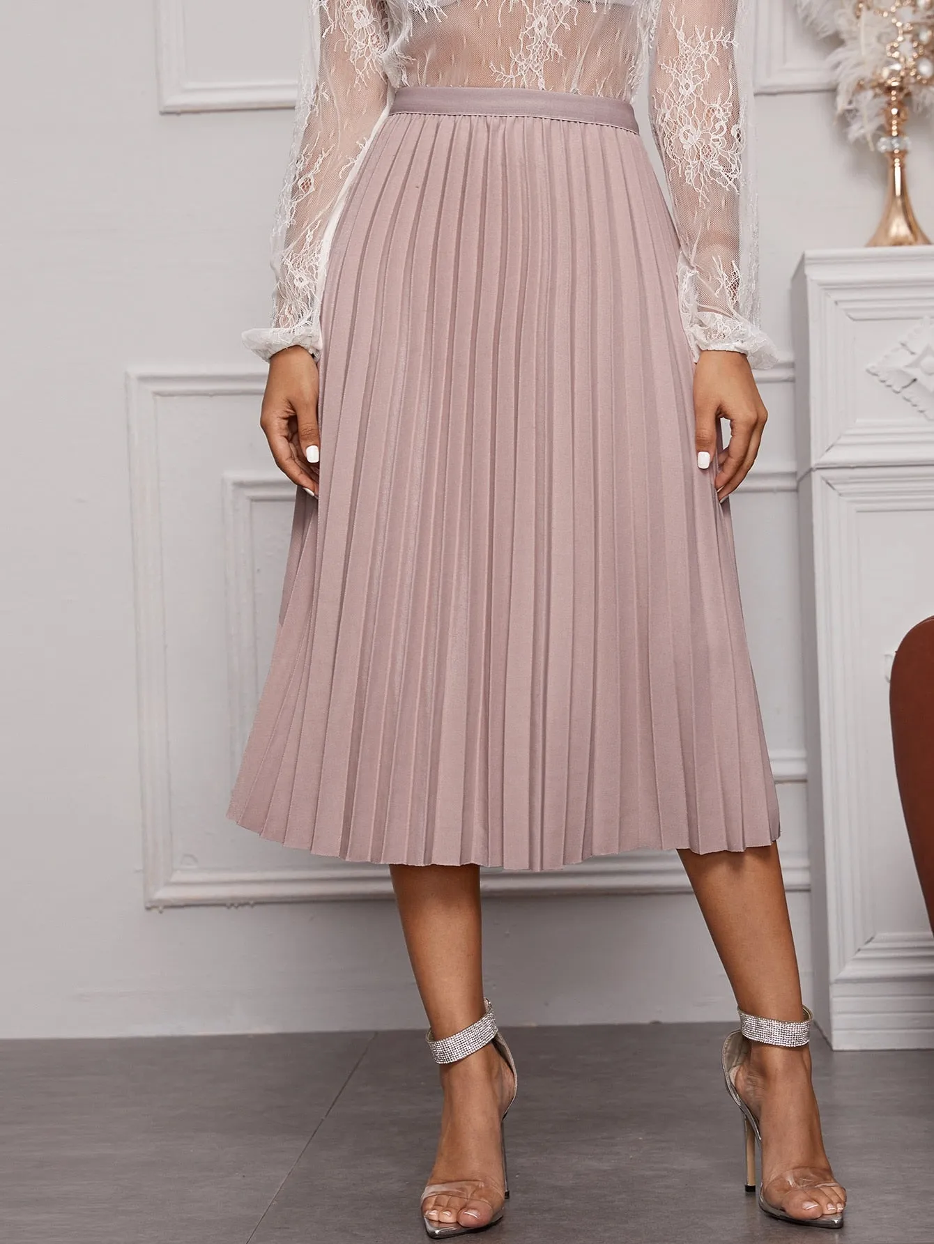 Casual Plain Pleated Natural Midi Women Skirt