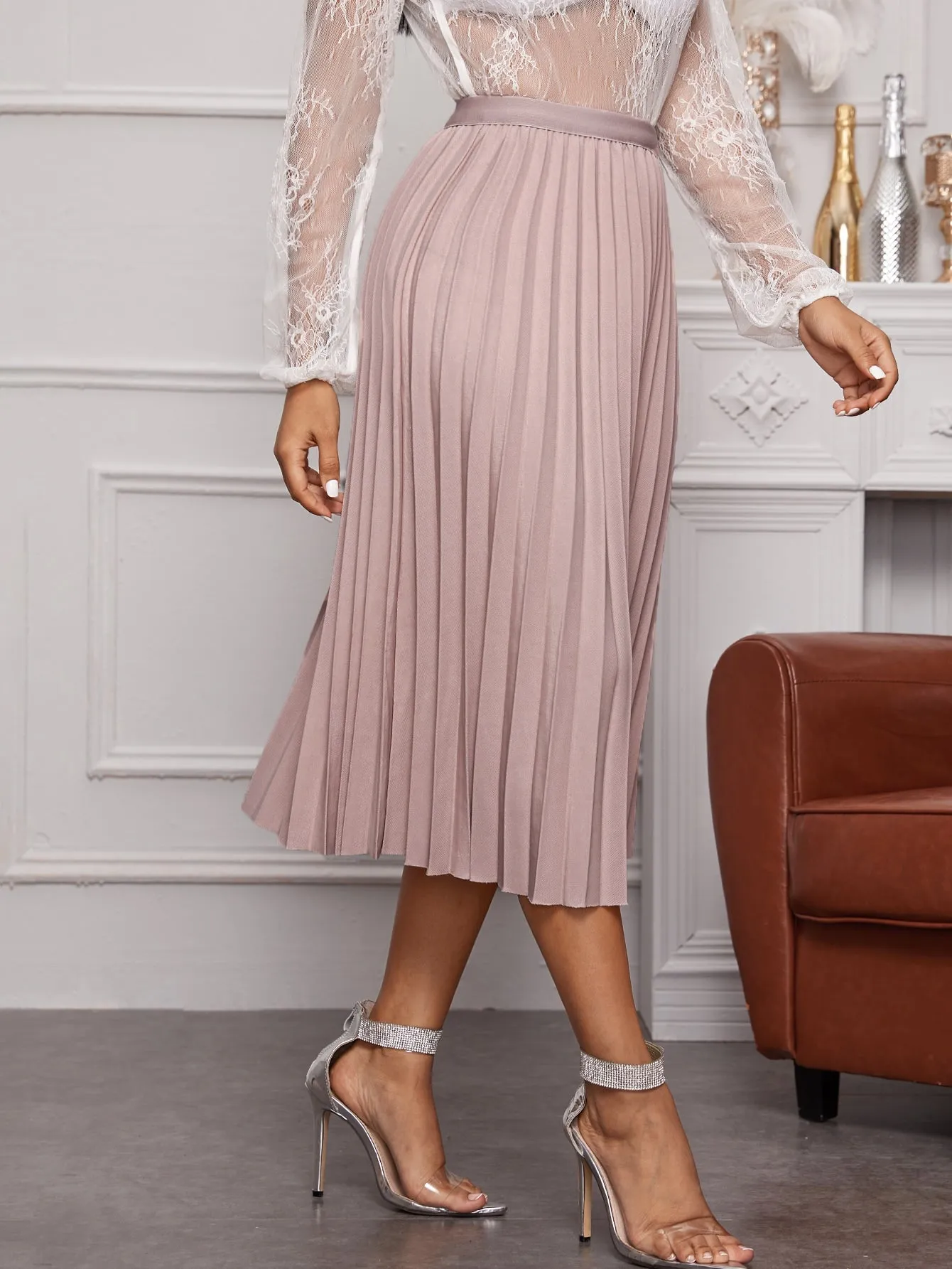 Casual Plain Pleated Natural Midi Women Skirt