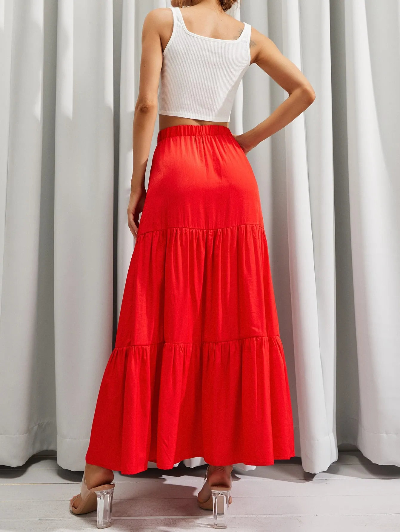 Casual Plain Ruffle Hem High Waist Maxi Women Skirt