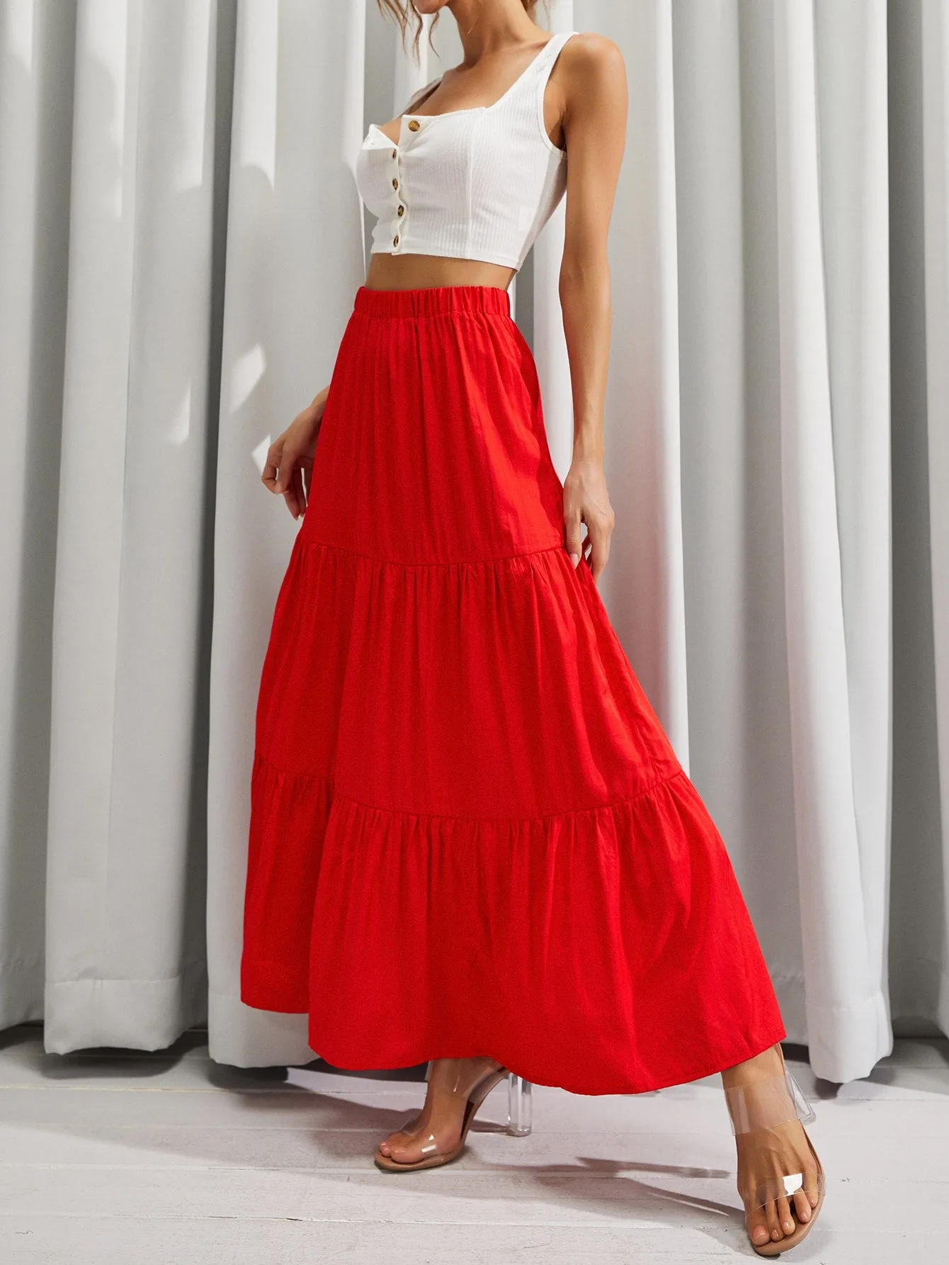 Casual Plain Ruffle Hem High Waist Maxi Women Skirt