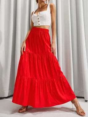 Casual Plain Ruffle Hem High Waist Maxi Women Skirt