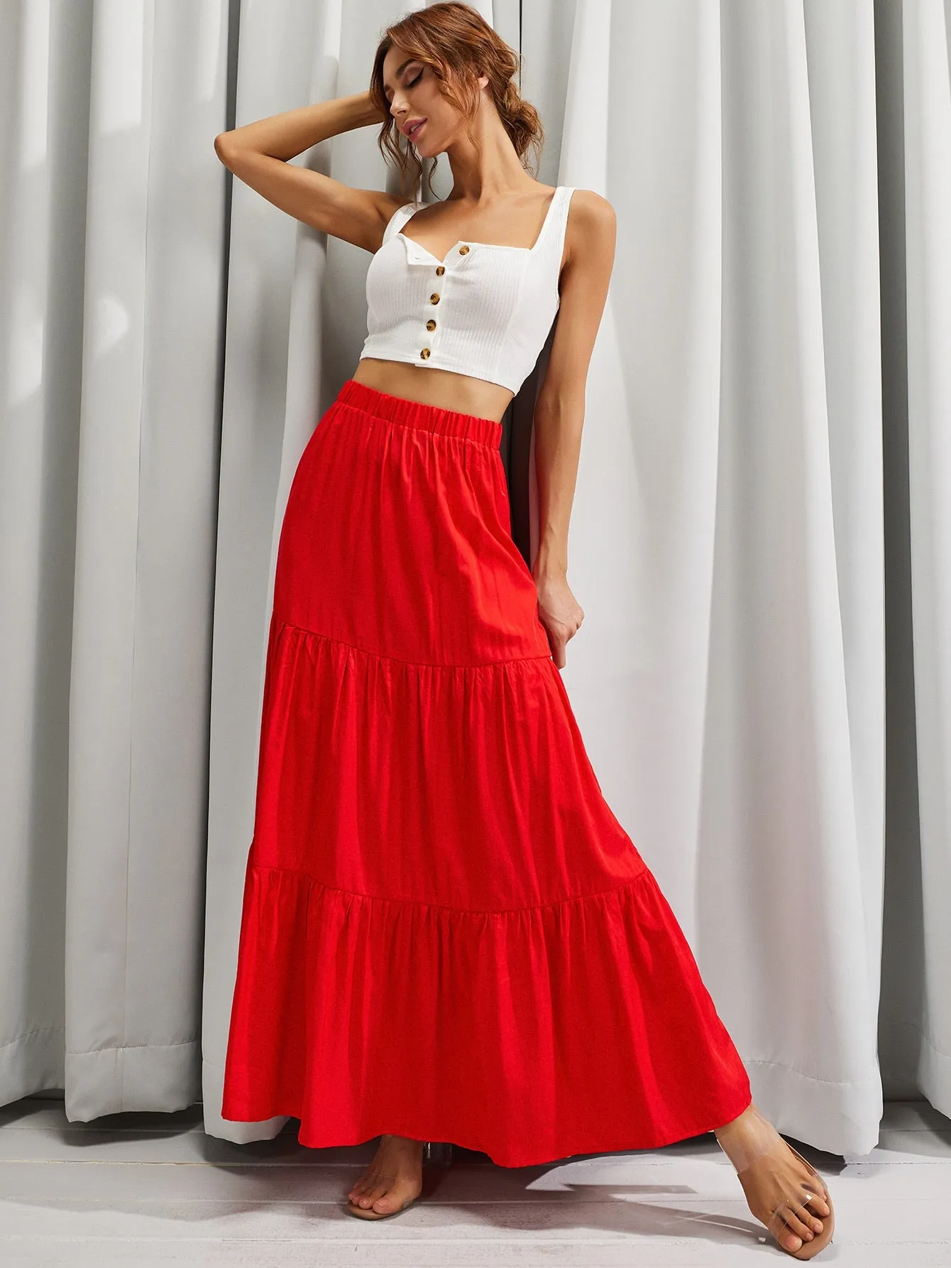 Casual Plain Ruffle Hem High Waist Maxi Women Skirt