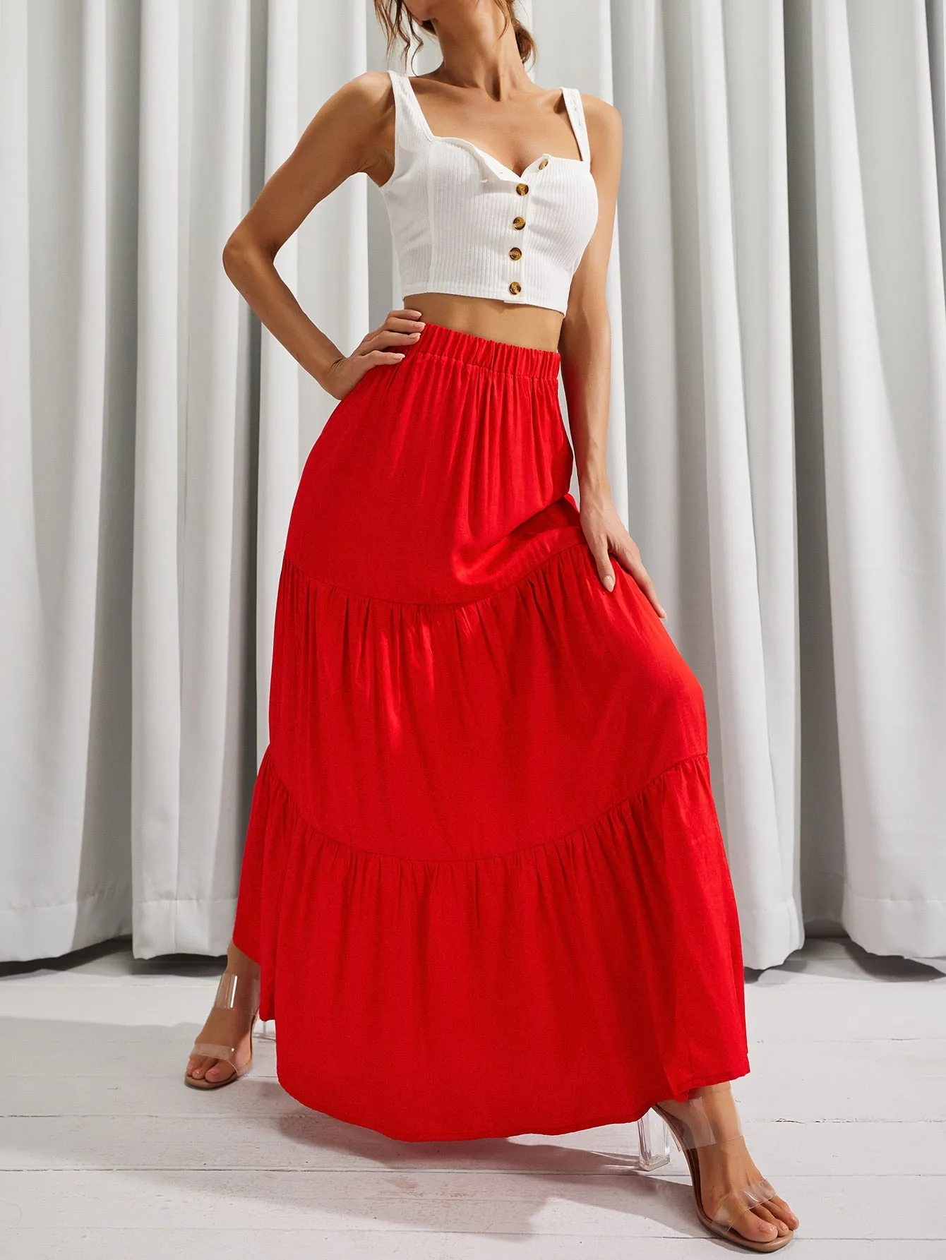 Casual Plain Ruffle Hem High Waist Maxi Women Skirt