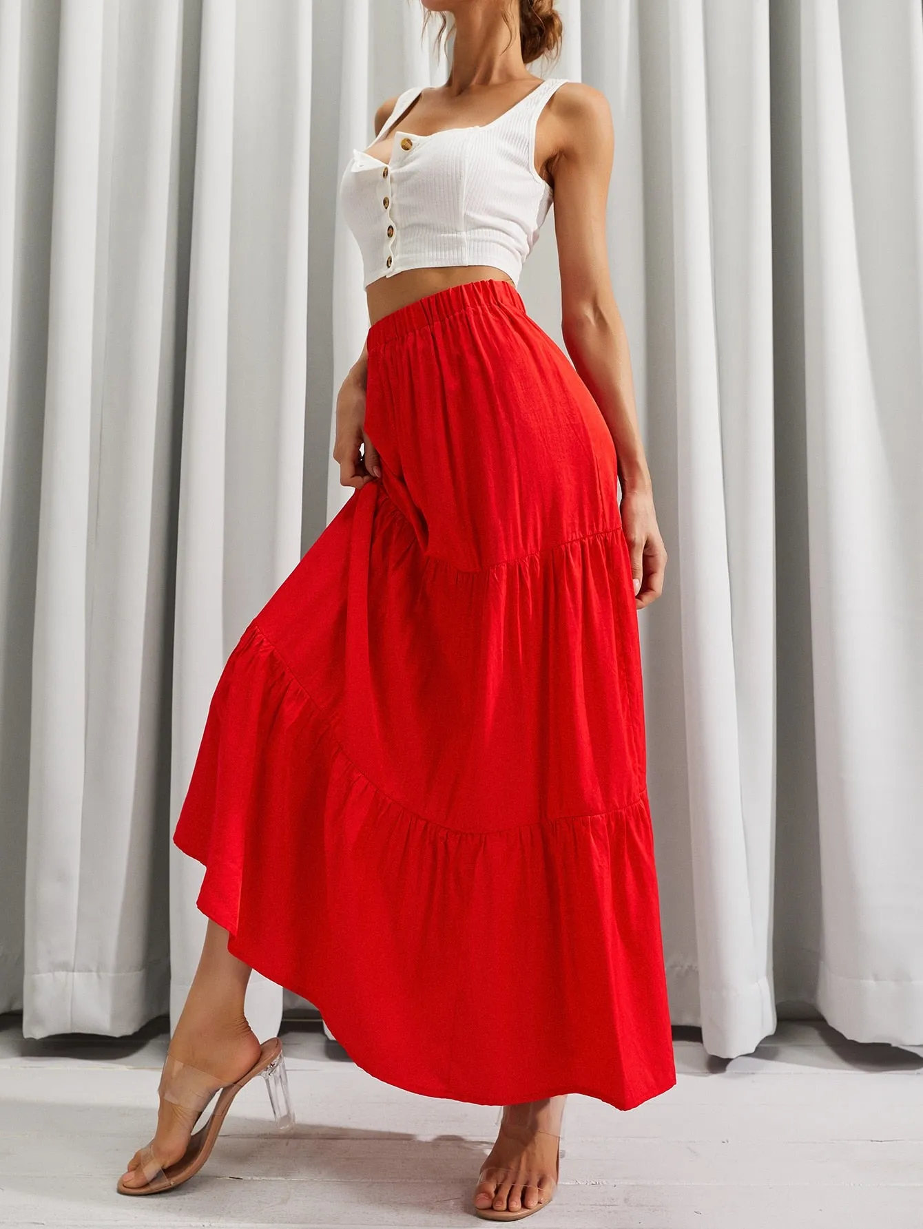 Casual Plain Ruffle Hem High Waist Maxi Women Skirt