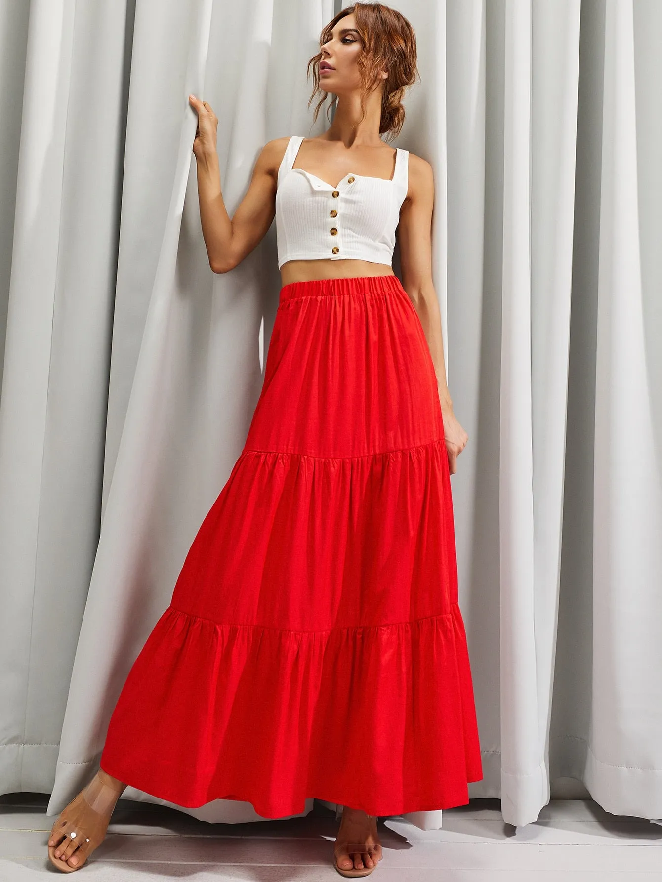 Casual Plain Ruffle Hem High Waist Maxi Women Skirt