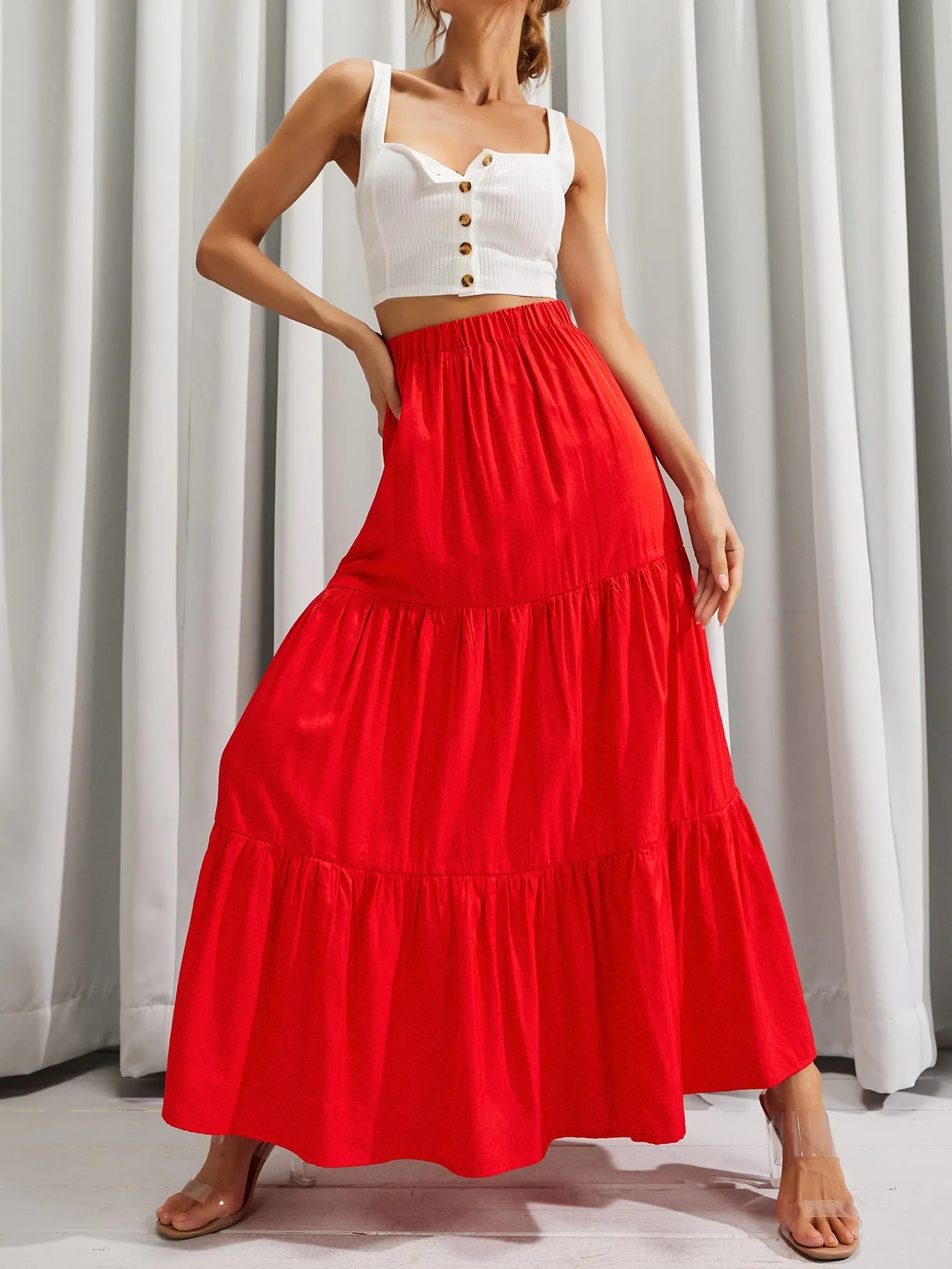 Casual Plain Ruffle Hem High Waist Maxi Women Skirt