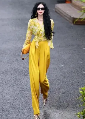 Chic Yellow V Neck Print Chiffon Shirts And Wide Leg Pants Two Pieces Set Fall ML1579