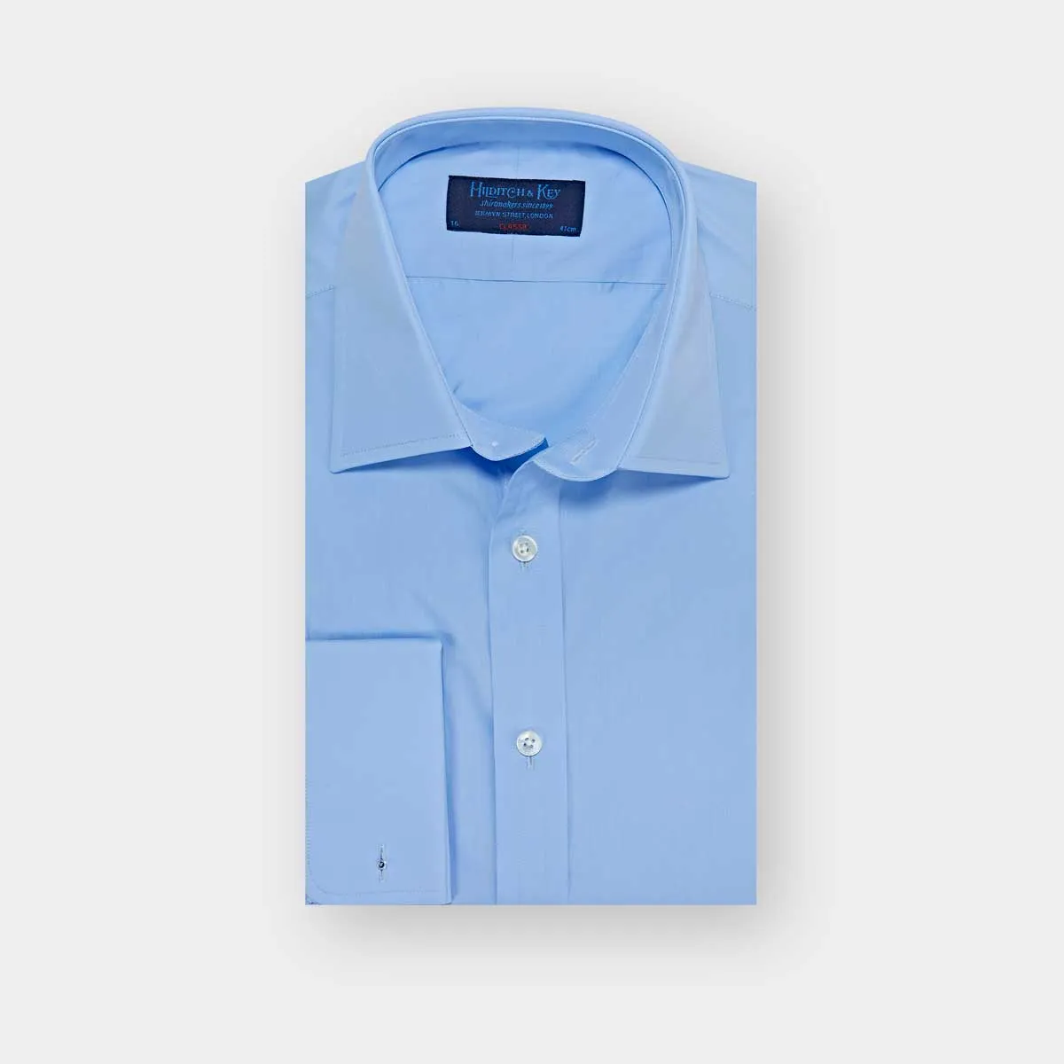 Classic Fit Plain Blue Sea Island Quality Cotton Poplin Shirt with Classic Collar & Double Cuff