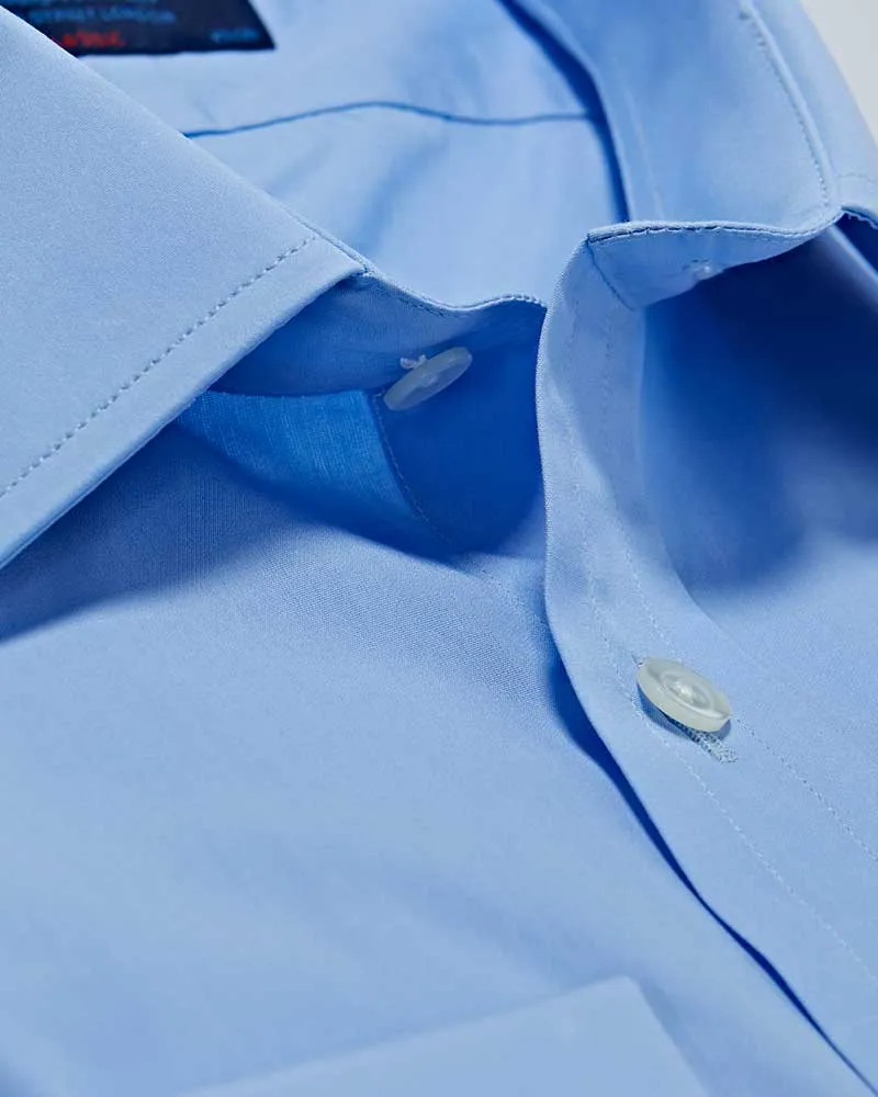 Classic Fit Plain Blue Sea Island Quality Cotton Poplin Shirt with Classic Collar & Double Cuff