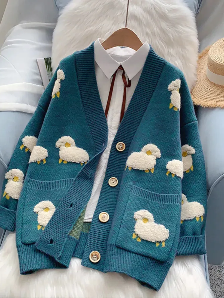 Cozy V-Neck Sheep Print Knit Cardigan from Korea