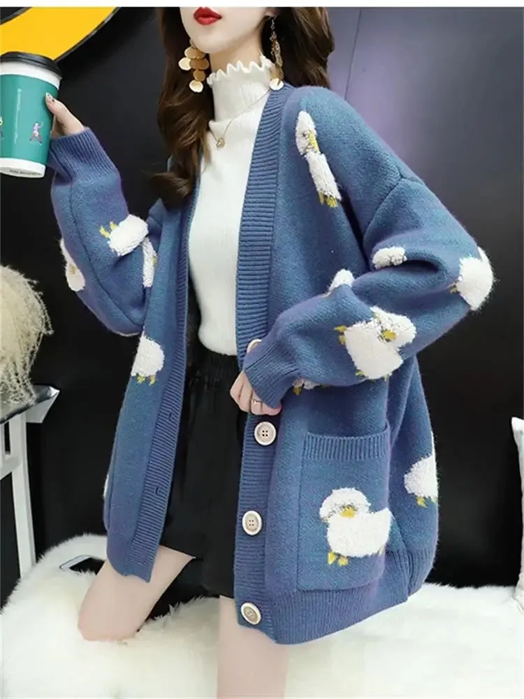 Cozy V-Neck Sheep Print Knit Cardigan from Korea