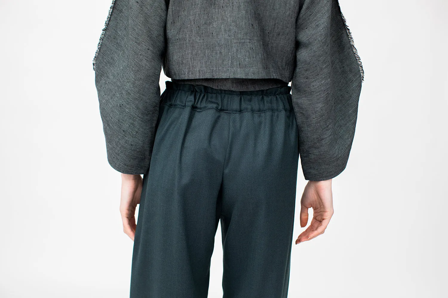 Crop Trousers in peacock green luxury worsted wool from Savile Row, with  piping