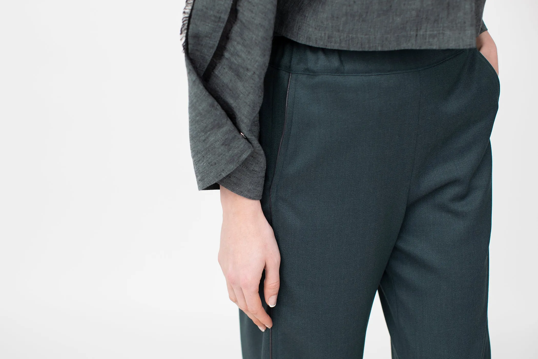 Crop Trousers in peacock green luxury worsted wool from Savile Row, with  piping