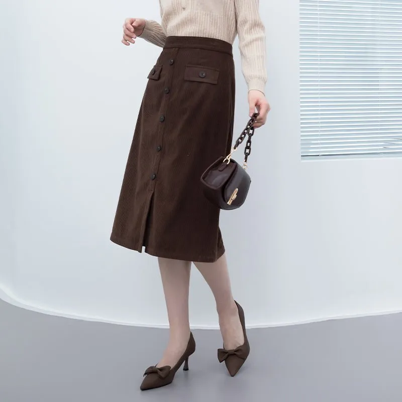 Dark Brown Midi Skirts With Buttons