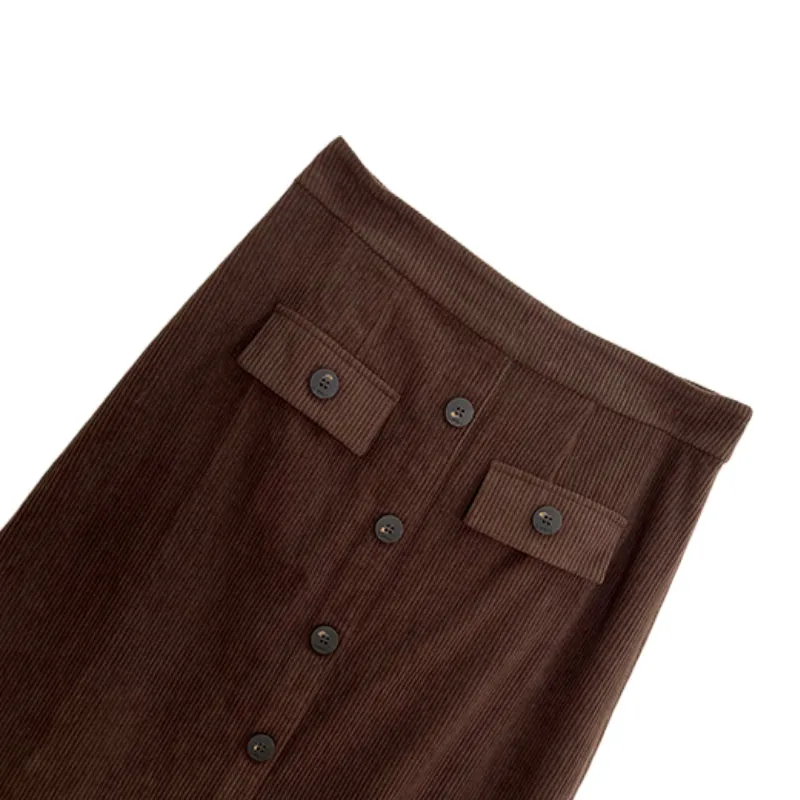 Dark Brown Midi Skirts With Buttons