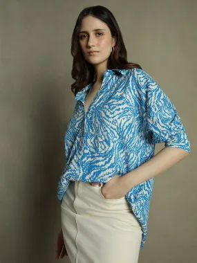 DL Woman Blue Floral Print Collared Cotton Shirt