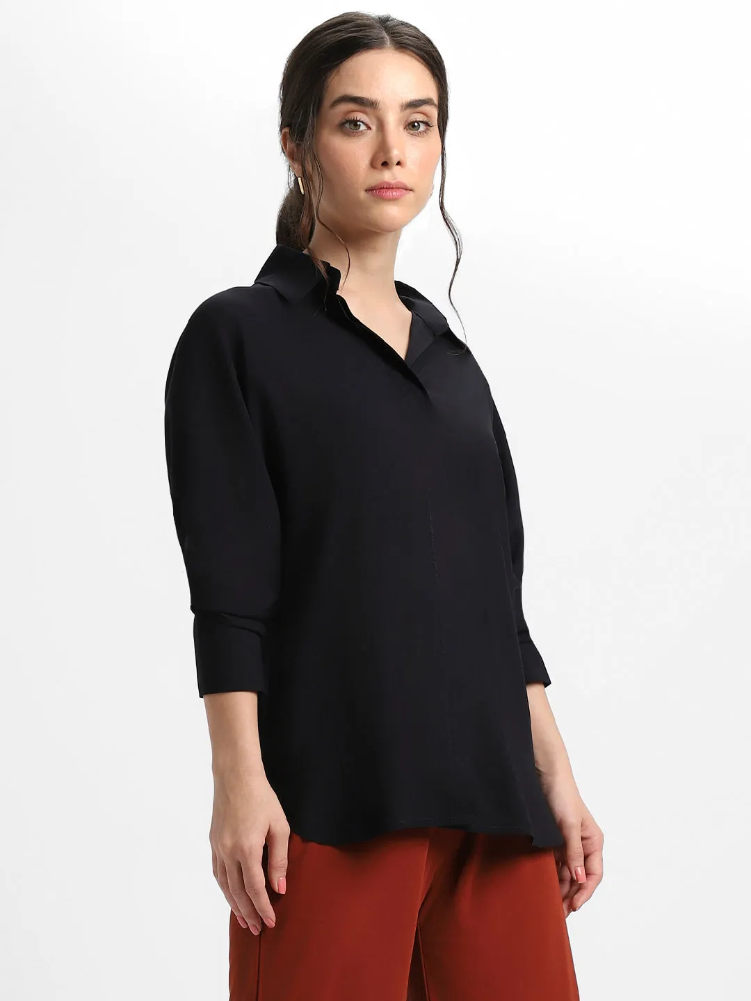 DL Woman Shirt Collar Relaxed Fit Solid Black Shirt