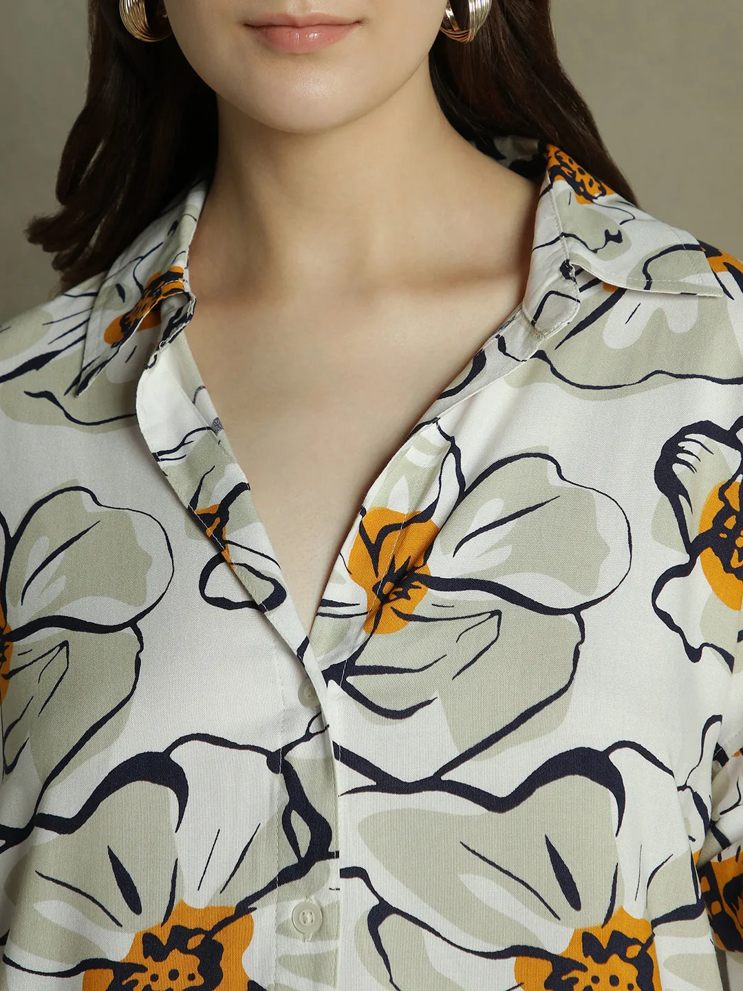 DL Woman White Floral Print Collared Cotton Shirt