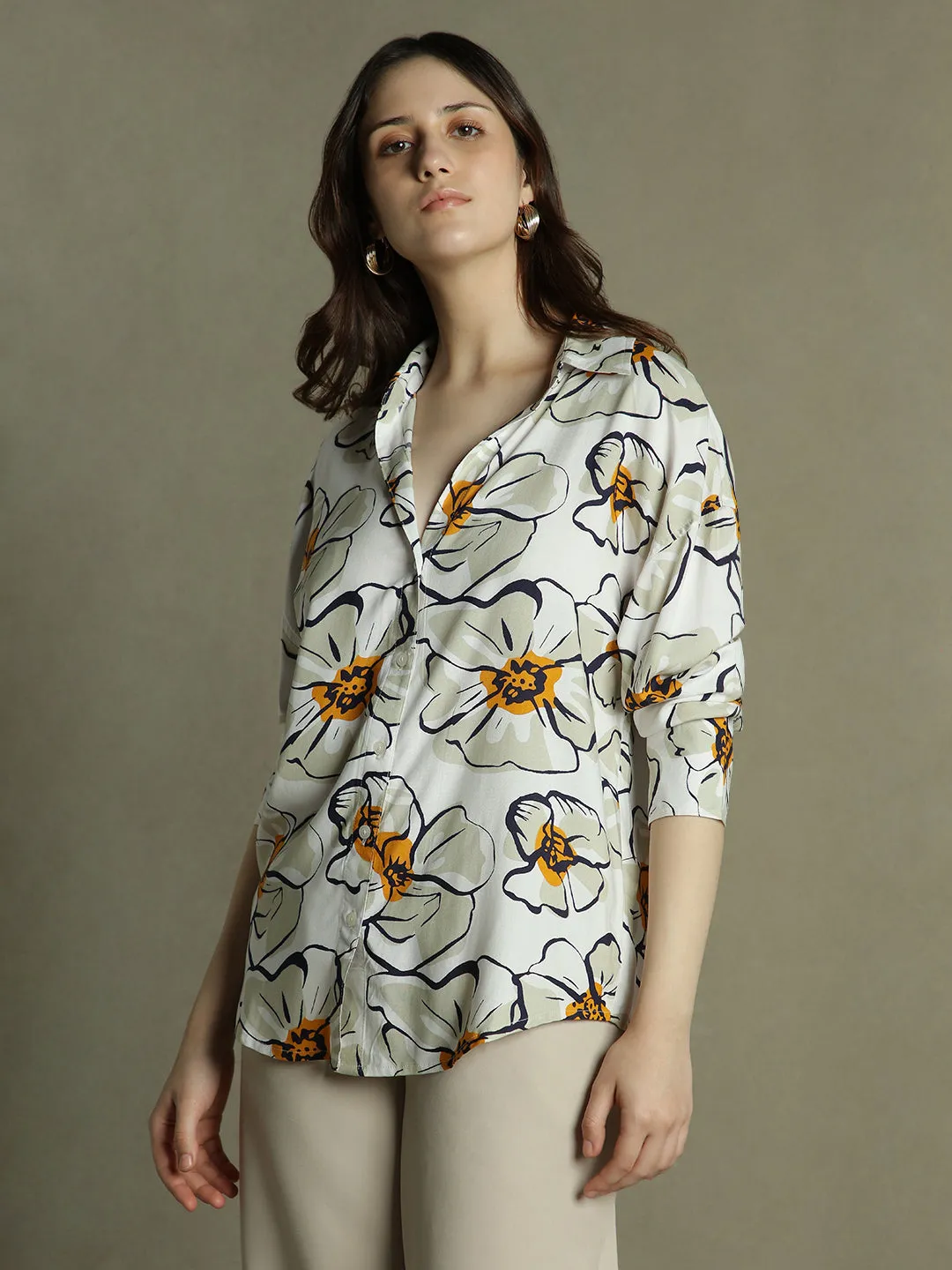 DL Woman White Floral Print Collared Cotton Shirt