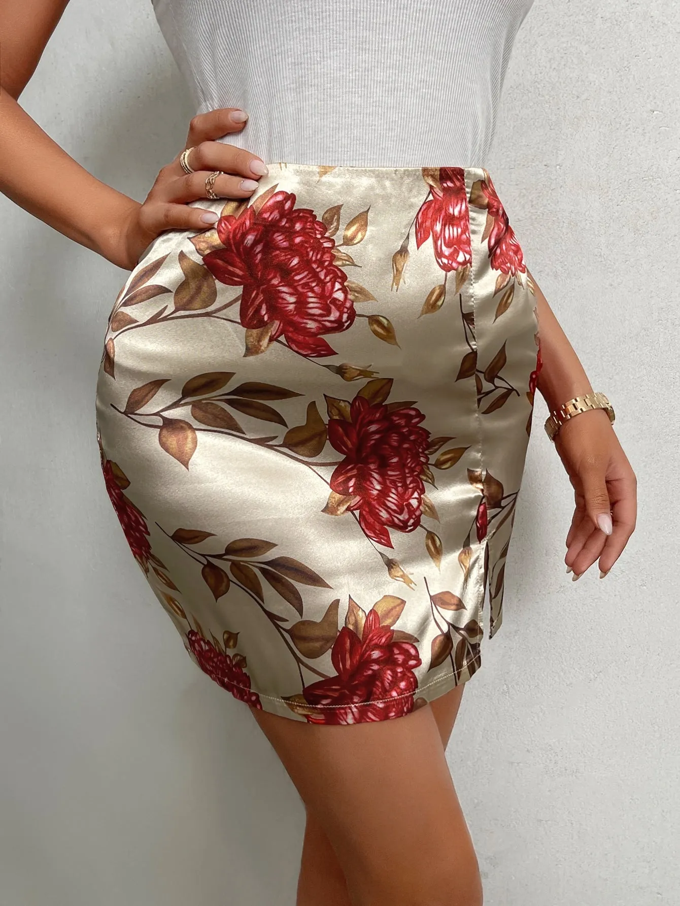 Elegant Floral Split High Waist Mini Women Skirt