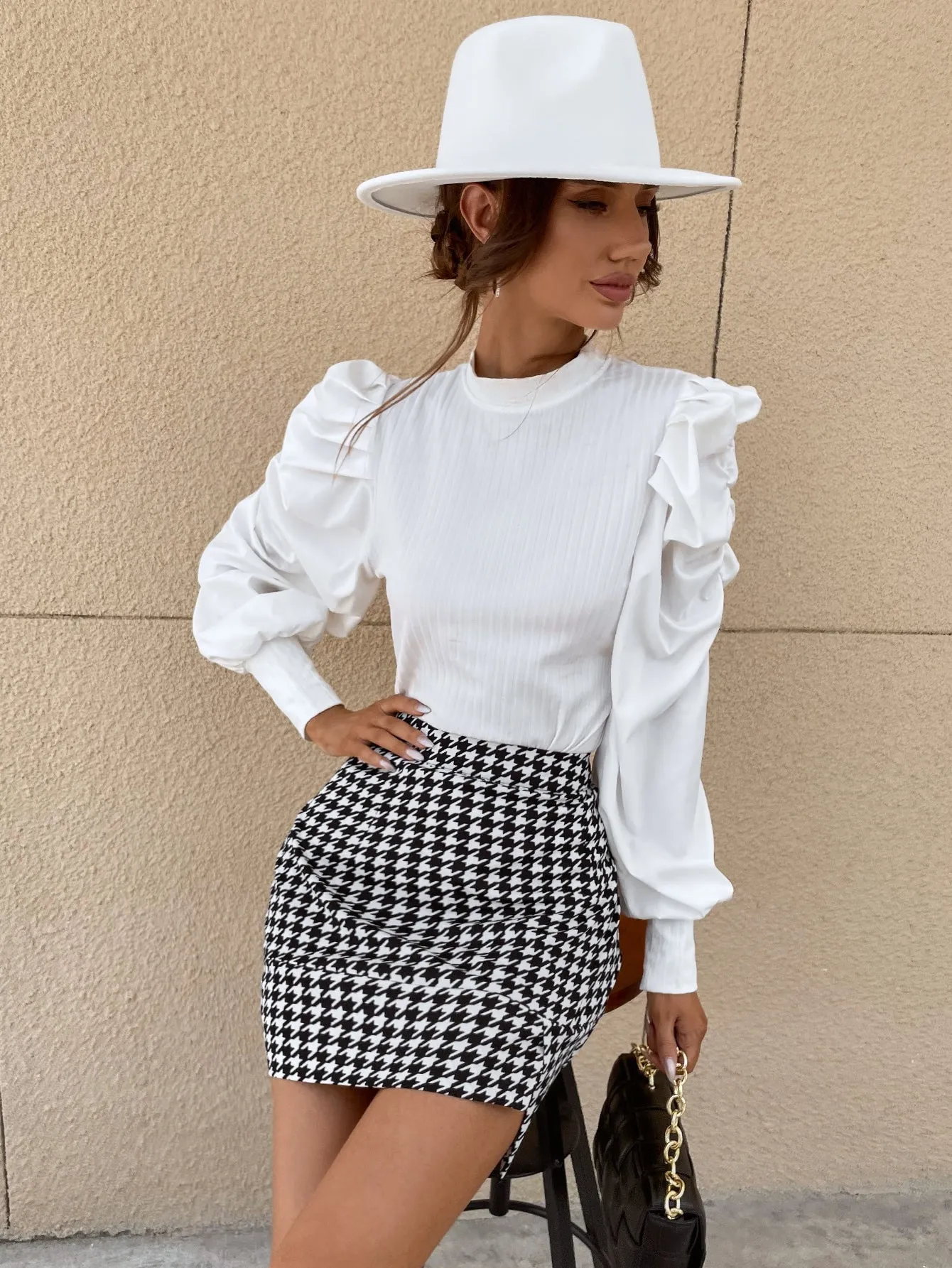 Elegant Houndstooth Asymmetrical High Waist Mini Women Skirt