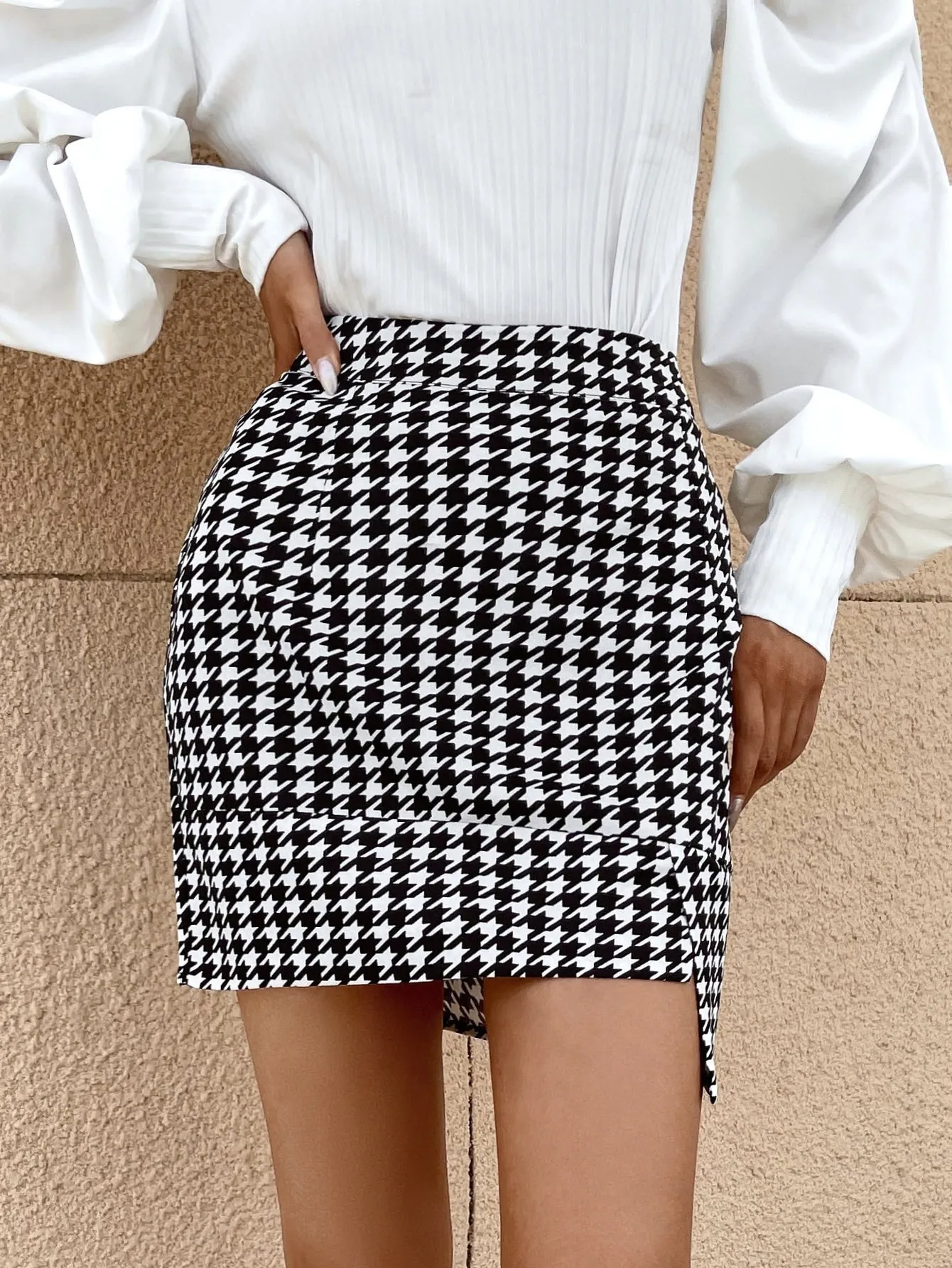 Elegant Houndstooth Asymmetrical High Waist Mini Women Skirt