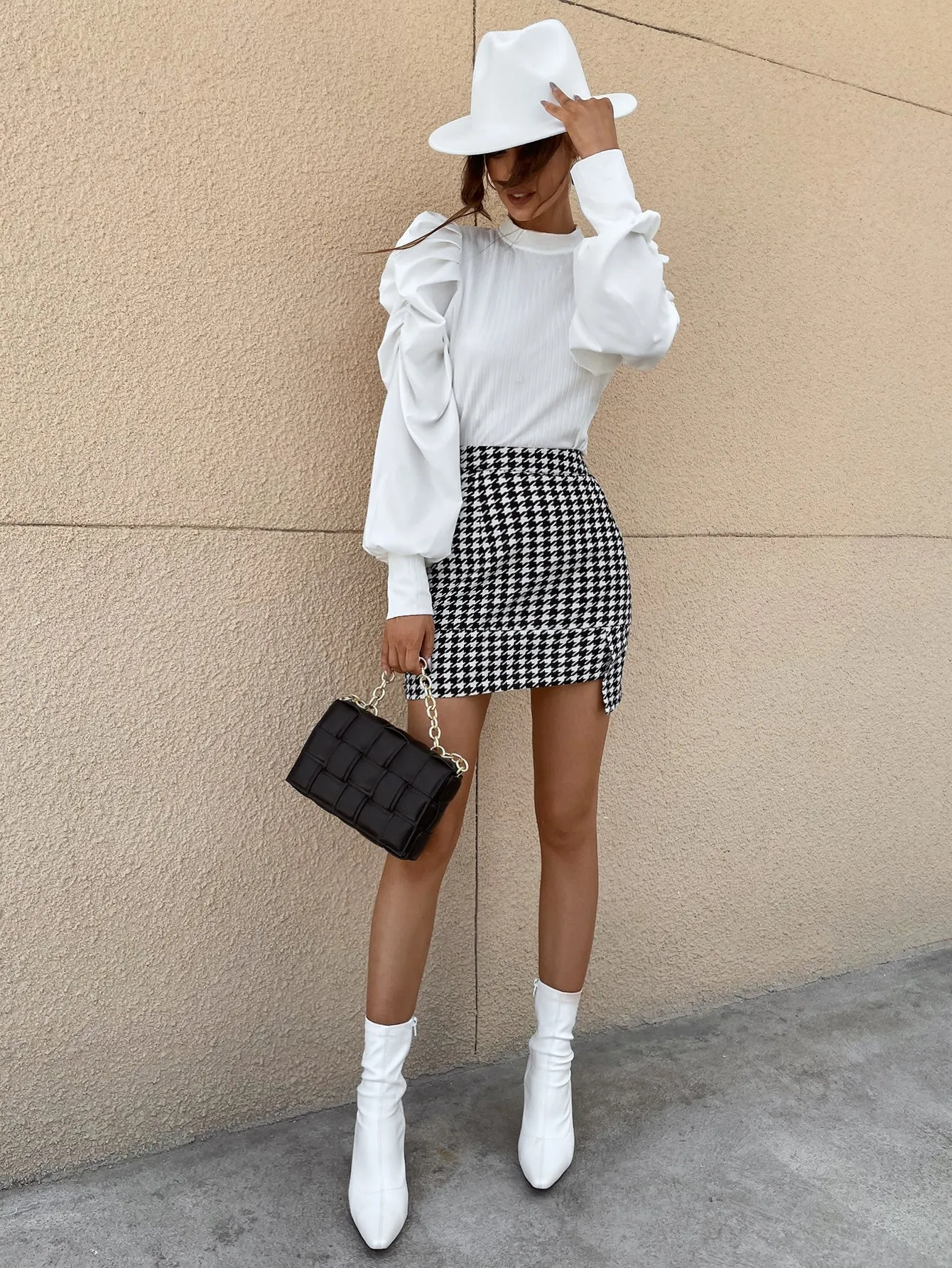 Elegant Houndstooth Asymmetrical High Waist Mini Women Skirt